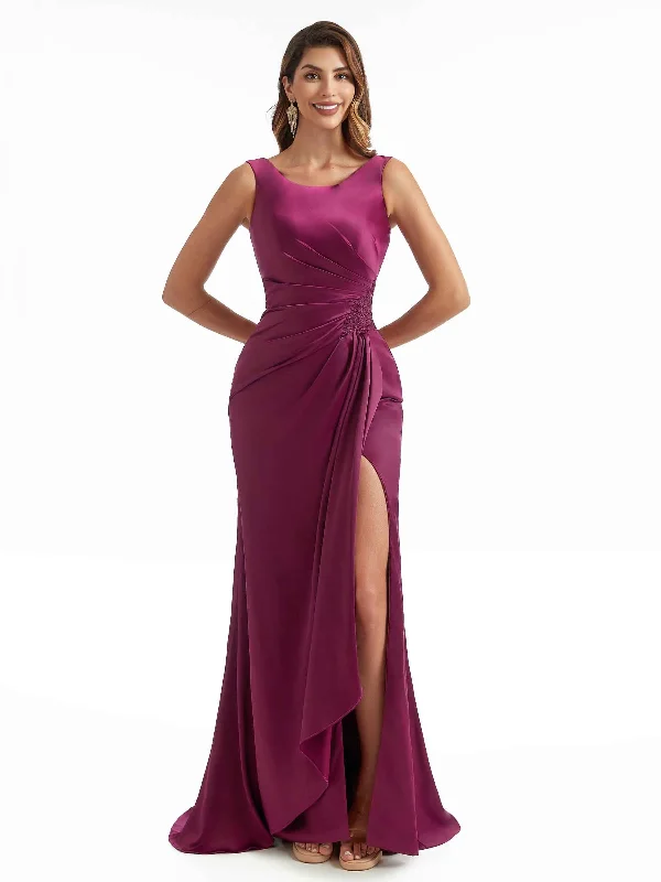 Women's Everyday Attire Update with Cottagecore Styles Women Scoop Sleeveless Side Split Long Satin Chic Formal Bridesmaid Dresses Online