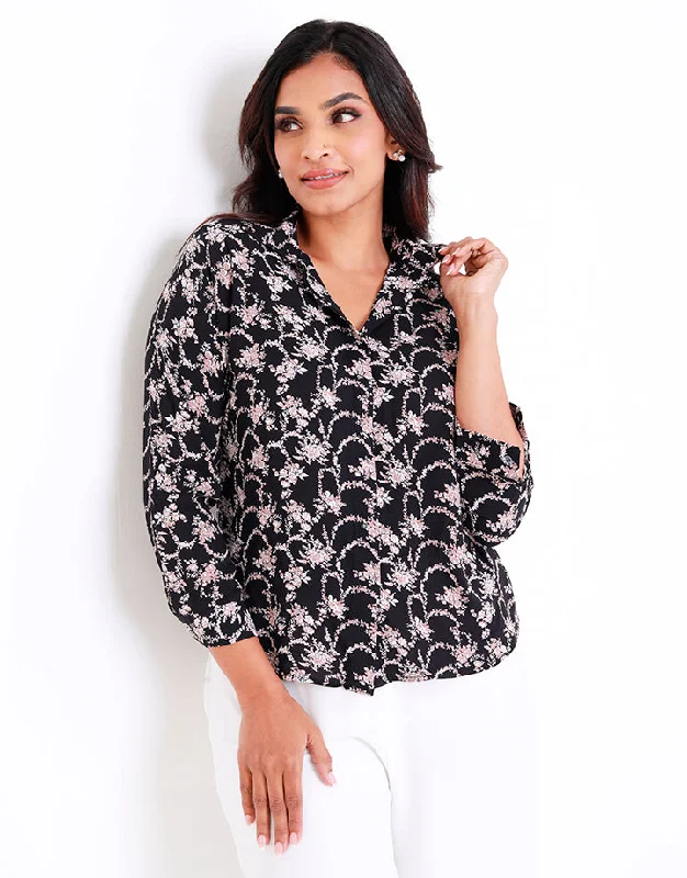 Timeless Women's Apparel Romantic Date - Night Ensemble Long Sleeves Blouse with Rose Flower Print