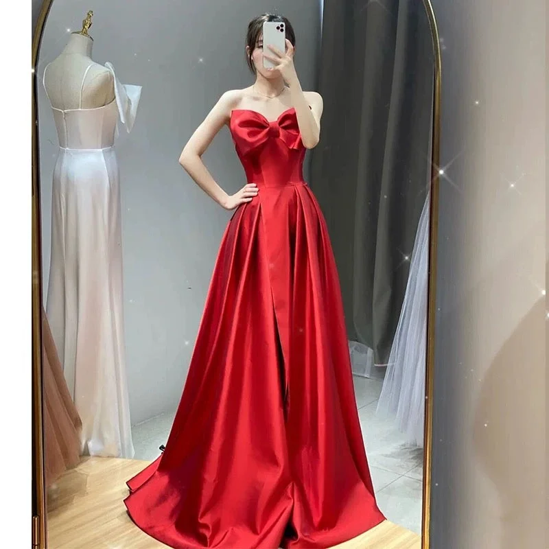 Women's Office Clothing Nordic Minimalist Home Look Elegant A line Sweetheart Red Satin Long Prom Dress Evening Dresses C3272