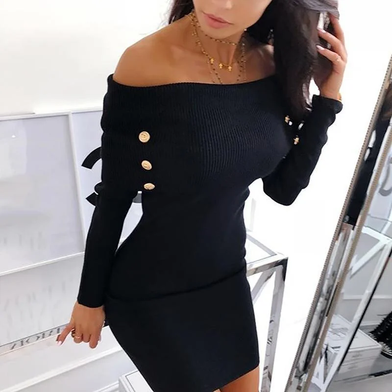 Women's Casual Wear Clothes Feminine Elegance FashionSierra - Off shoulder knitted sweater dress Women solid button grey black knitting dresses Elegant bodycon party dress Winter vestidos