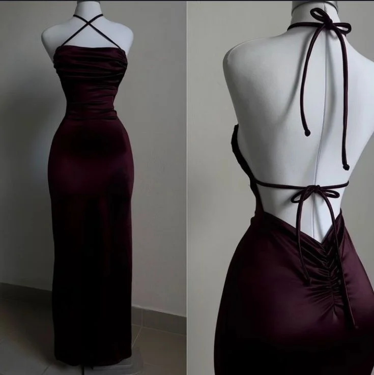 Women's Holiday Attire Last Chance Sale Elegant Sheath Halter Sleeveless Burgundy Satin Backless Prom Dresses Long Evening Dress C2882