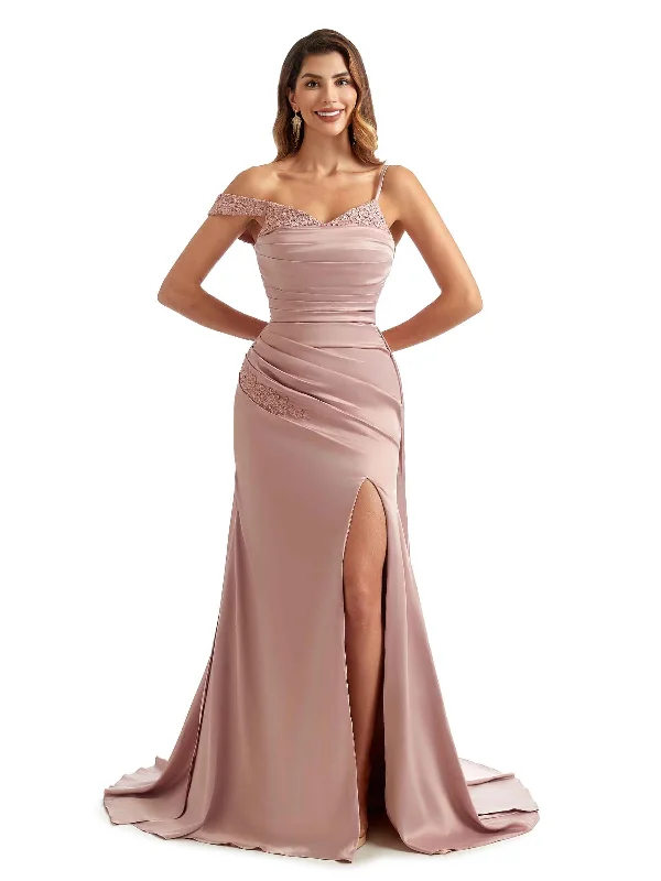 Women's Classic Outfit Art Deco Geometric Pattern Look Sexy Side Split Asymmetric Long Satin Lace Chic Bridesmaid Dresses Styles