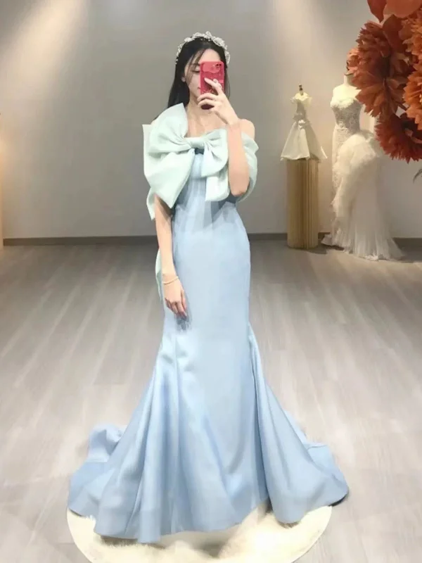 Women's Vintage-Inspired Clothing Score Big on Glamorous Red - Carpet Styles Pretty Mermaid Strapless Blue Satin Long Prom Dress Evening Dresses With Bow C3253