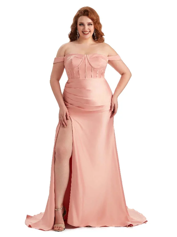 Women's Workout Clothing Great Deals on Ethnic Cultural Wear Plus Size Elegant Off The Shoulder Side Slit Mermaid Soft Satin Long Bridesmaid Gowns