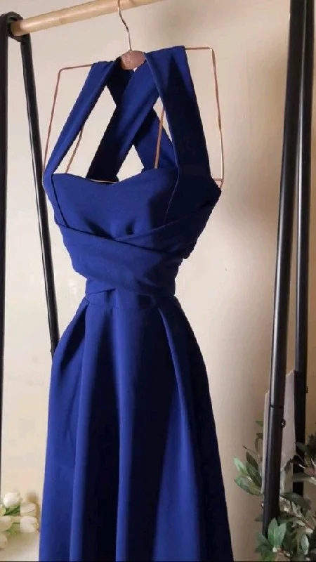 Charming Women's Outfit For Special Occasions Romantic Detailing Elegant A Line Halter Royal Blue Satin Prom Dress Evening Dresses With Ruffles C3361