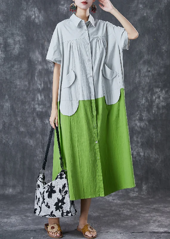 Women's High-Fashion Outfit Parisian Effortless Chic Style Art White Green Oversized Patchwork Pockets Cotton Shirt Dresses Summer