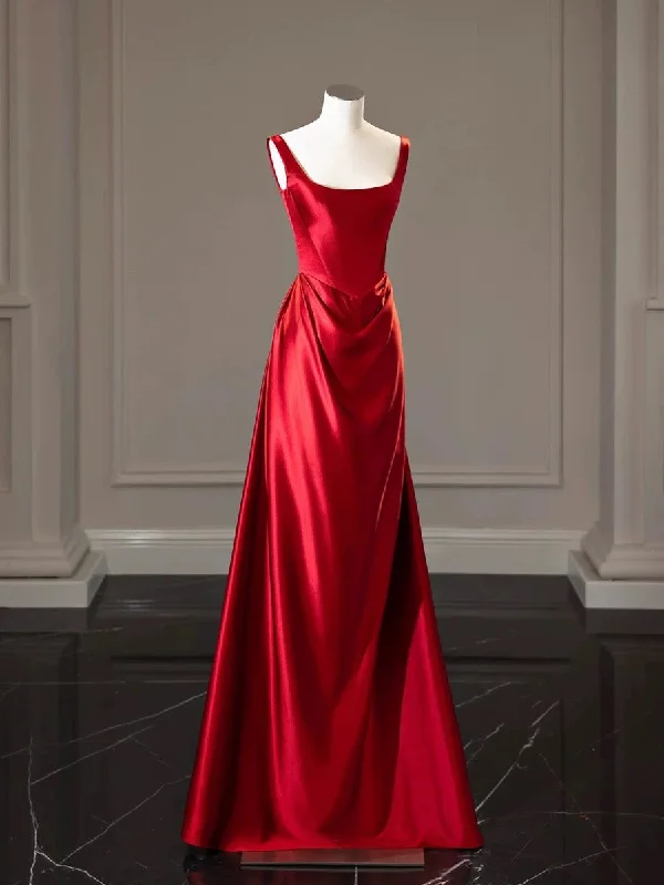 High-Fashion Women's Clothing Feminine Soft - Hued Look Simple A-line Square Neckline Satin Red Long Evening Dress Prom Dress C3218