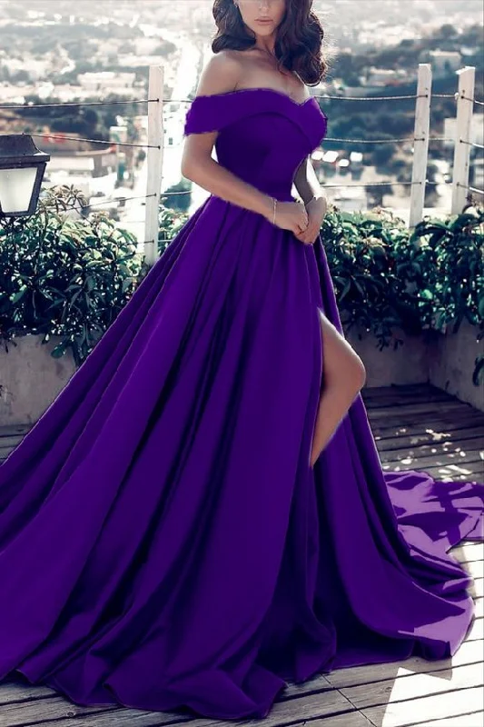 Women's Athletic Garments Father's Day Deals Dark Purple Prom Dresses Long Satin Evening Gown Off The Shoulder    cg21057