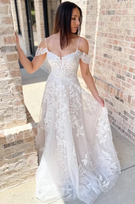 Women's Travel Outfit Set End - of - Month Blowout Cold-Shoulder White Lace A-Line Long Wedding Dress