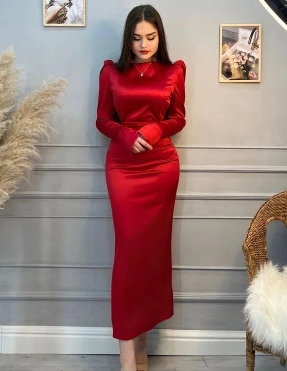 Women's Professional Outfit Huge Savings on Parisian Styles Red Elegant Long Sleeves Evening Dress,Red Prom Dress Y6933