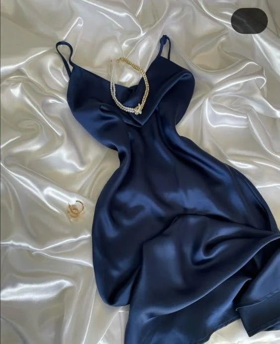 Women's Elegant Formal Outfit Romantic Date - Night Ensemble Pretty A Line Spaghetti Straps Navy Blue Silk Satin Prom Dresses Long Evening Dress C2946