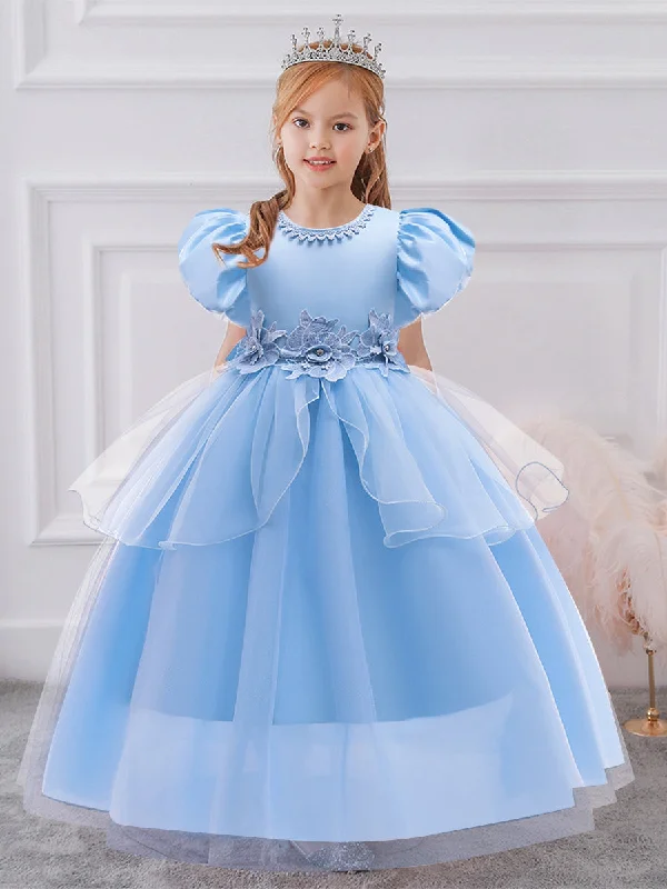 Women's Holiday Attire Limited - Edition Drops Ball Gown Scoop Puff Sleeves Flower Girl Dresses with Solid Flowers