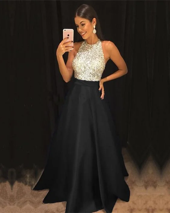 Women's Seasonal Garments Weekend Special Sparkly Sequins Beaded Halter Long Satin Prom Dresses cg5049