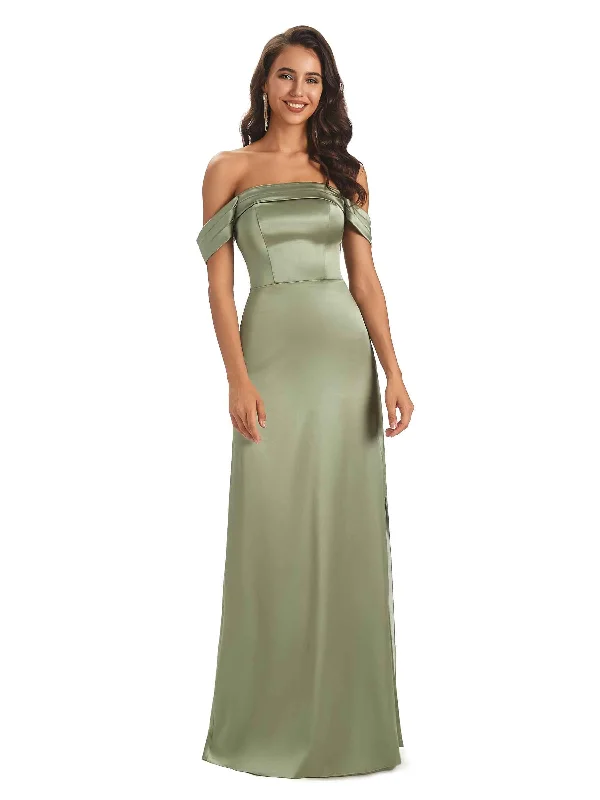 Women's Comfortable Lounge Attire Mid - Week Surprise Sexy Soft Satin Simple Off The Shoulder Maxi Long African Bridesmaid Dresses Online