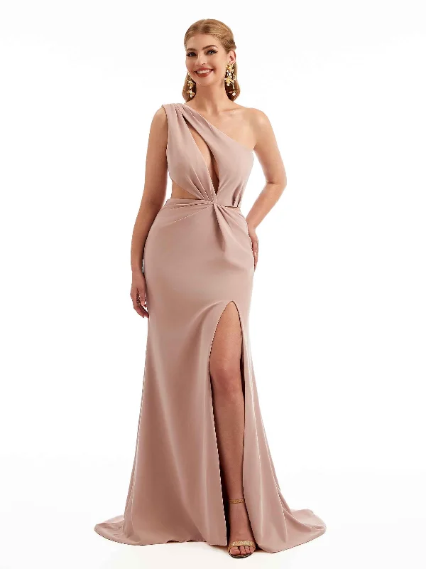 Women's Transitional Clothes Subtle Sophistication Sexy Side Split One Shoulder Stretch Crepe Long Mermaid Bridesmaid Dresses Online