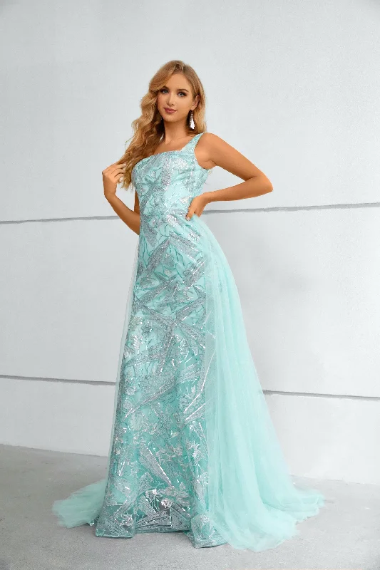 Women's Plus-Size Outfit Feminine Soft - Hued Styles Column Straps Sleeveless Shiny Lace Prom Dress with Detachable Tulle Train