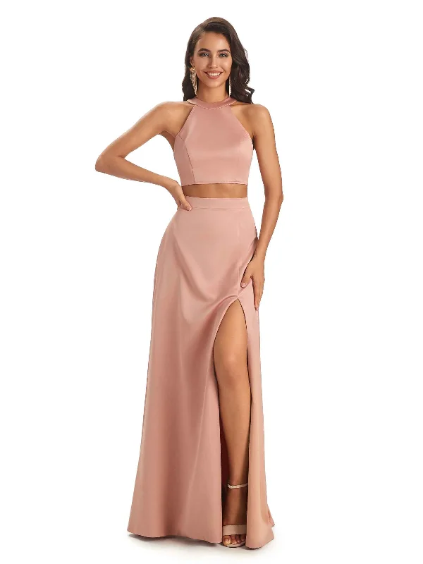 Women's Clothing With Trendy Designs Limited Quantities Soft Satin Two-Pieces Halter Side Slit Sexy Fashion Bridesmaid Dresses Online