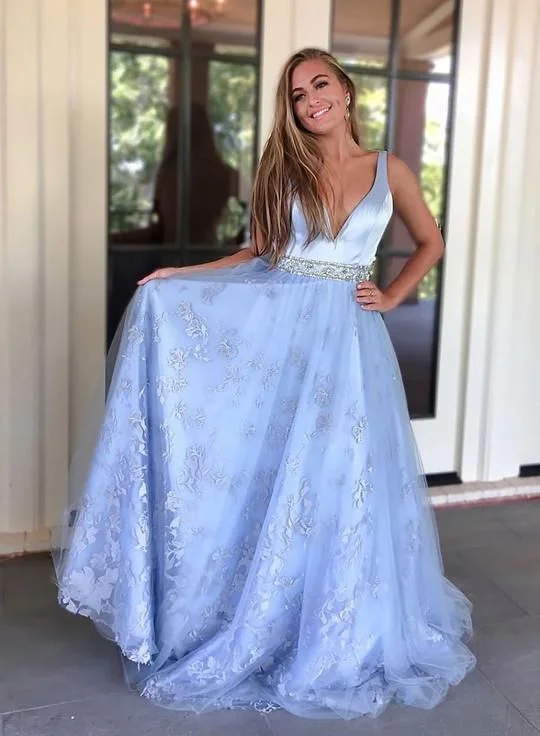 Women's Athletic Garments Limited - Stock Blue Satin Lace Beaded Long V Neck Senior Prom Dress, Evening Dress cg5085