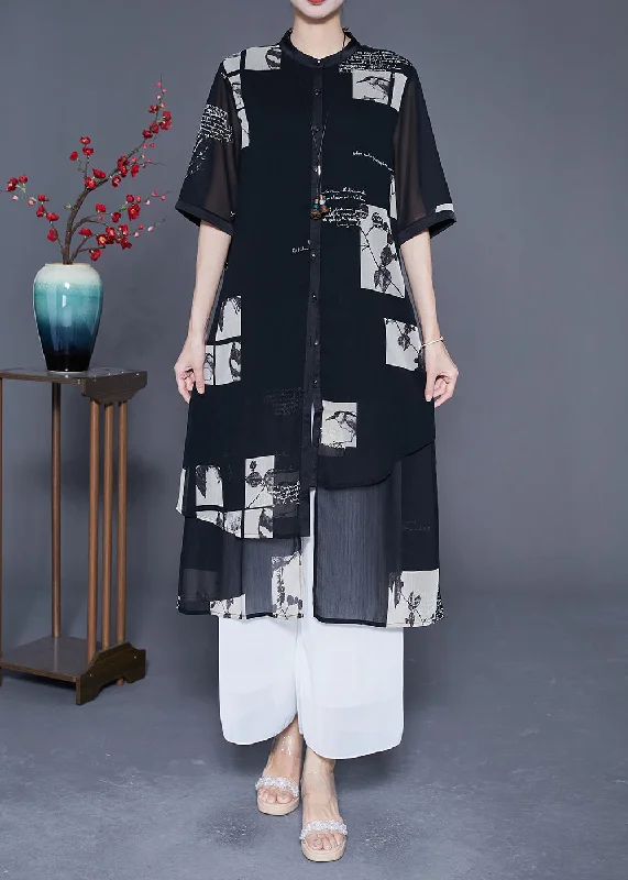 Women's Formal Event Clothing Flash Deals Modern Black Asymmetrical Patchwork Print Chiffon Shirt Dress Summer