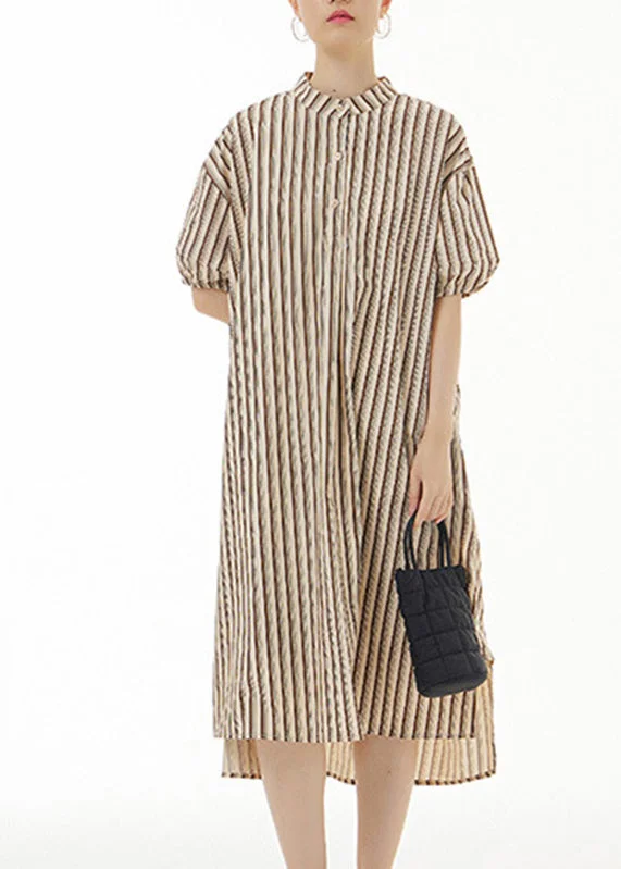 Women's Outfit For The Office Playful Elegance Coffee Stand Collar Low High Design Cotton Maxi Shirt Dress Short Sleeve