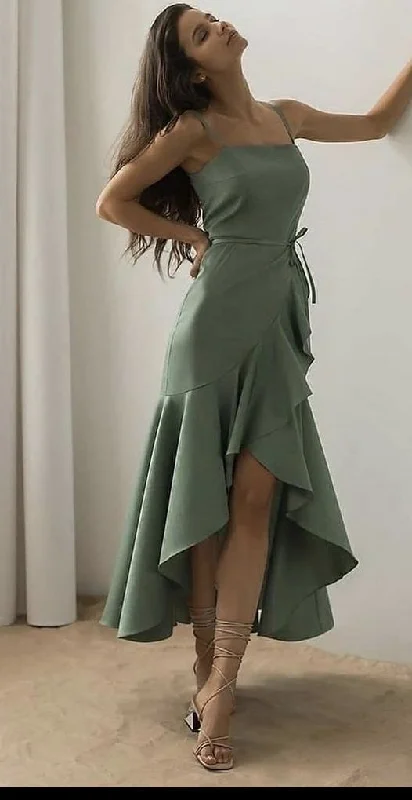 Fashionable Women's Outfit Graceful Drape Elegant High Low Spaghetti Straps Satin Tea Length Green Prom Dress Evening Dresses C3371