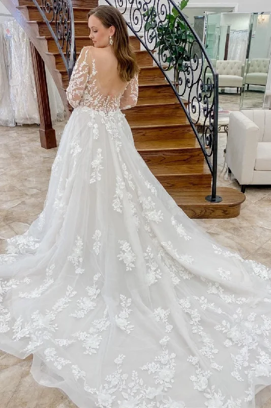 Women's Night-Out Outfit Ethnic Cultural Event Wear White Appliques Long Sleeve Backless Long Wedding Dress