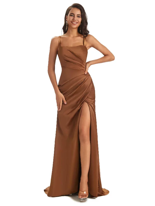 Elegant Clothing For Women Grab Romantic Date - Night Styles Now Soft Satin Straps Side Slit Cross Back Unique Mermaid Bridesmaid Dresses Online