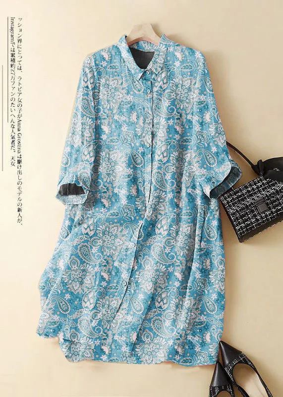 Women's Active Outfit For Fitness Y2K Nostalgic Fashion Look Fashion blue cashew nuts Embroidered Patchwork Linen Shirt Dress Summer