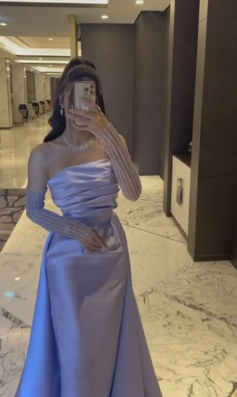 Stylish Clothes For Women Last Chance Sale Classy Sheath Strapless Long Sleeves Lilac Long Satin Party Dress Prom Dresses Evening Dress C3276