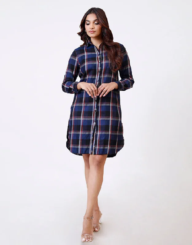 Women's Stylish Casual Garments Beat the Heat in Tropical Styles Plaid Long Sleeves Kurtha Dress