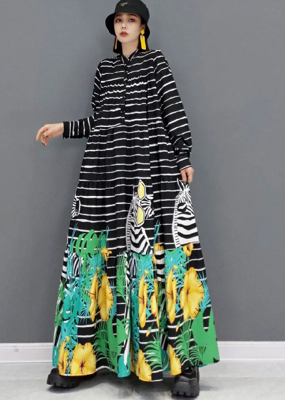 Charming Women's Garments Lightweight Fabric Black Zebra Print Exra Large Hem Cotton Shirt Dress Stand Collar Button Long Sleeve