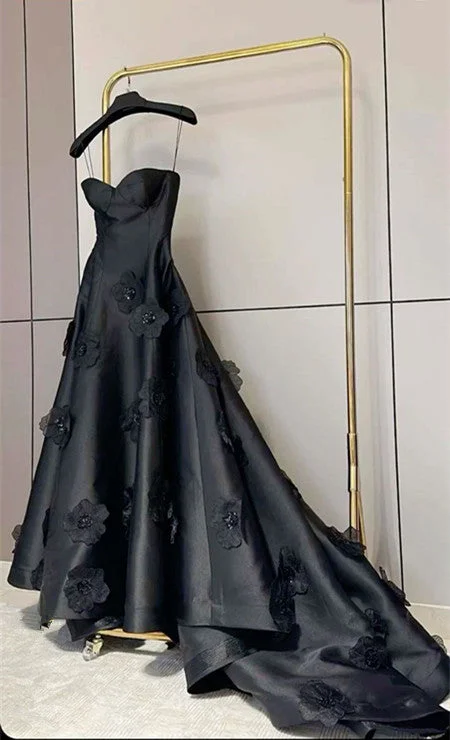 Women's Tailored Outfit Refined Simplicity Pretty A line Sweetheart Black Satin Prom Dress Evening Dresses With Flowers C3373