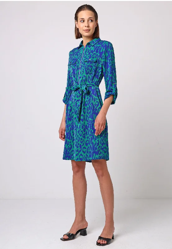 Women's Evening Attire Effortless Comfort Midi Shirt Dress With Zip In Green Blue Animal Print