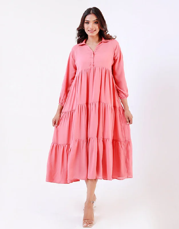 Women's Formal Apparel Feminine Charm Tiered Dress with Long Sleeves