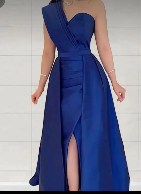 Women's Resort Apparel Mid - Season Sale Classy A line One Shoulder Royal Blue Satin Long Party Dress Prom Dresses Evening Dress C3319