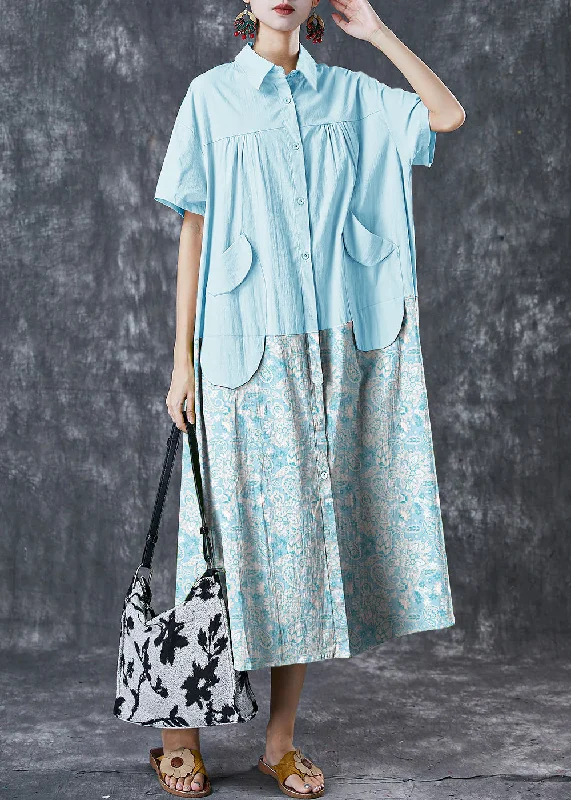 Formal Attire For Women Mid - Season Sale Art Blue Oversized Patchwork Pockets Cotton Shirt Dresses Summer