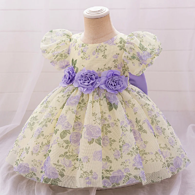 Women's Outdoor Activity Garments Soft Textures Ball Gown Scoop Puff Sleeves Flower Girl Dresses with Solid Flowers