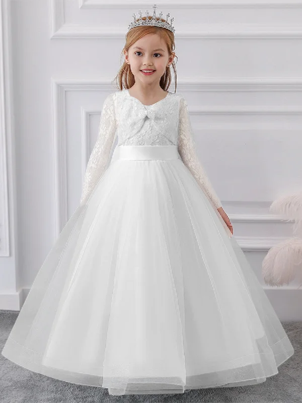 Women's Apparel And Garments Casual Elegance Ball Gown Scoop Long Sleeves Flower Girl Dresses with Lace