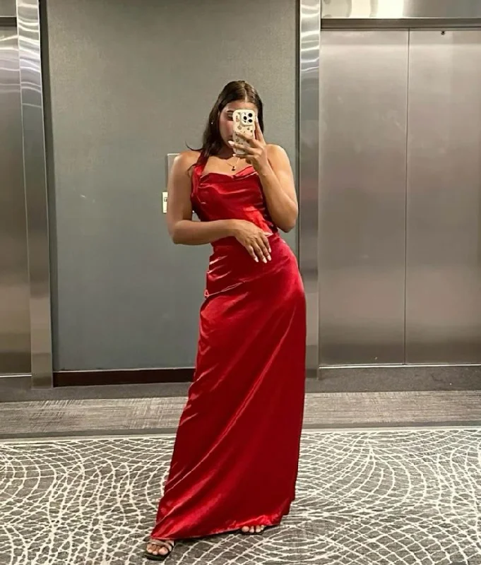 Women's Active Outfit For Fitness Alluring Design Modest A Line Halter Red Satin Long Prom Dresses Evening Dress C3052