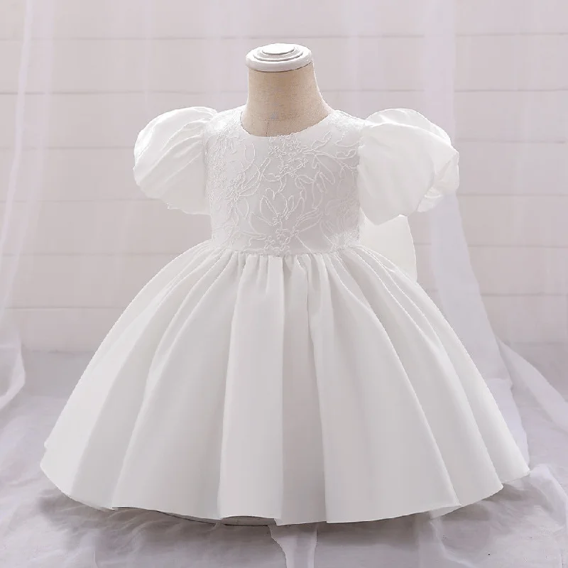 Women's Stylish Professional Garments Graceful Drape Ball Gown Scoop Puff Sleeves Flower Girl Dresses with Applique