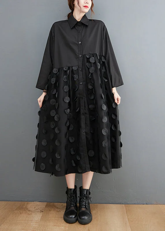 Casual Chic Clothing For Women Elegant Details Unique Black Peter Pan Collar Button Tulle Patchwork Shirt Dresses Spring