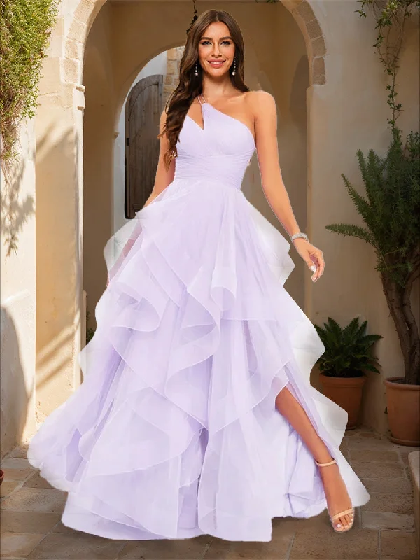 Women's High-Fashion Attire Save on Classic Elegant Styles Ball Gown One-Shoulder Sleeveless Tiered Prom Dresses