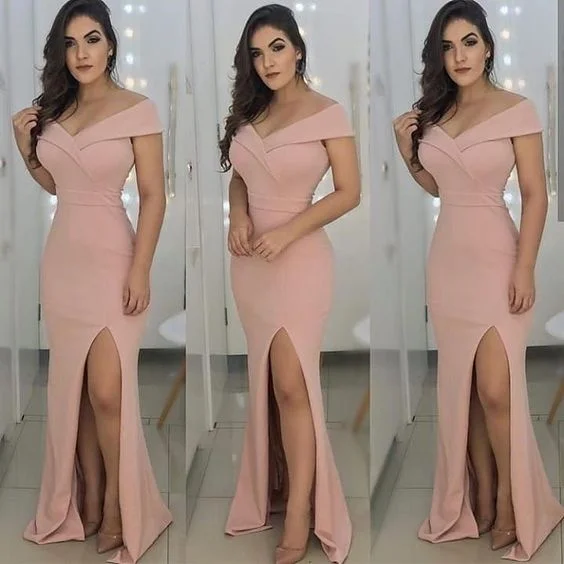 Women's Attire Rustic Countryside Charm Look Off-Shoulder Satin Mermaid Long prom Dresses with Front Slit cg3093