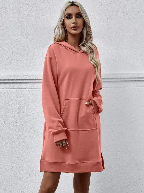 Women's Holiday Clothing Flowy Fabric Slit Long Sleeve Hooded Dress with Pocket