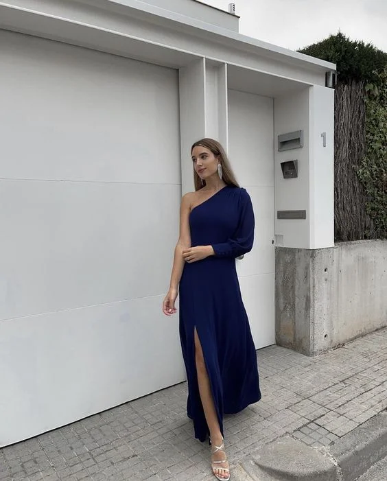 Women's Functional Outfit For Outdoor Activities Father's Day Deals A Line One Shoulder Long Sleeve Formal Evening Dress With Slit Y6395