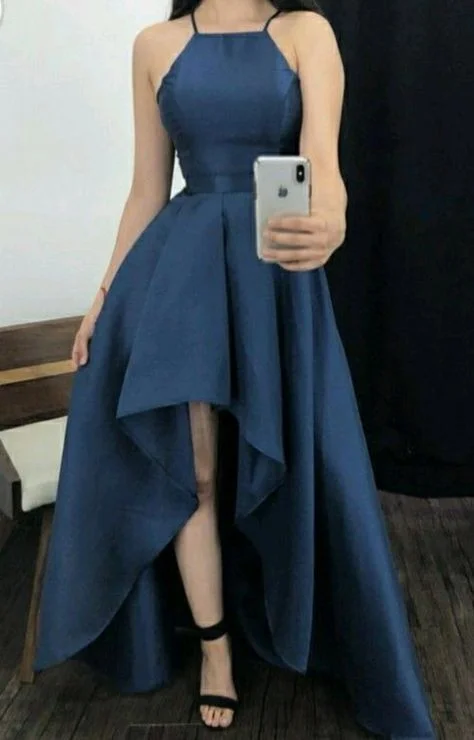 Women's Transitional Outfit Luxe Layering Vintage High Low Halter Navy Blue Satin Prom Dresses Evening Gowns C3064