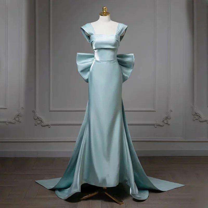 Women's Clothing Sets Effortless Comfort Simple Satin Green Long Prom Dress Formal Dress With Bowknot C1908