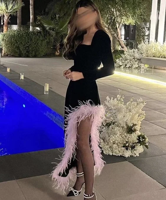 Women's Clothing Outfit Set Spring Fling Sale Chic Black Long Sleeves Evening Dress With Feathers  Y6724