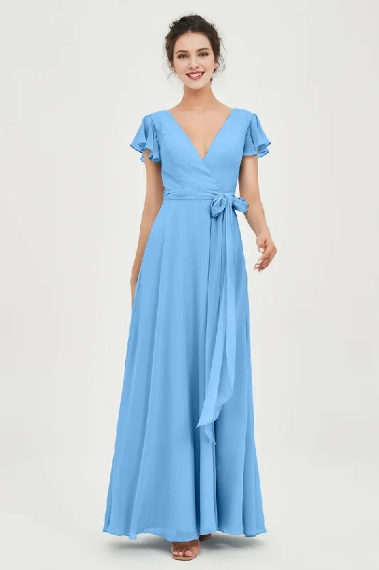 Women's Comfortable Lounge Garments Score Big on Glamorous Red - Carpet Styles AABEI DRESS Bridesmaid Dresses Chiffon A-Line V-neck Flutter Sleeves Pleated Lace up Floor-Length Elegant Simple Wedding Guests Dresse