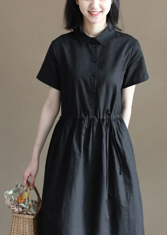 Women's Cozy Winter Attire Great Prices on Feminine Styles Plus Size Solid Black Drawstring Peter Pan Collar Button Cotton Linen Shirt Dress Short Sleeve